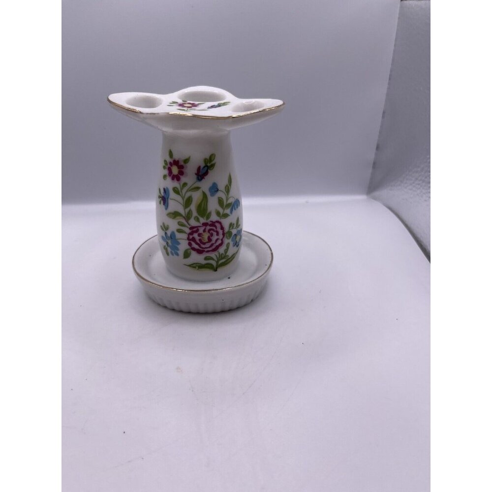 Vintage Enesco Ceramic Toothbrush Holder Flowers Bouquet Floral Gold Trim 4"